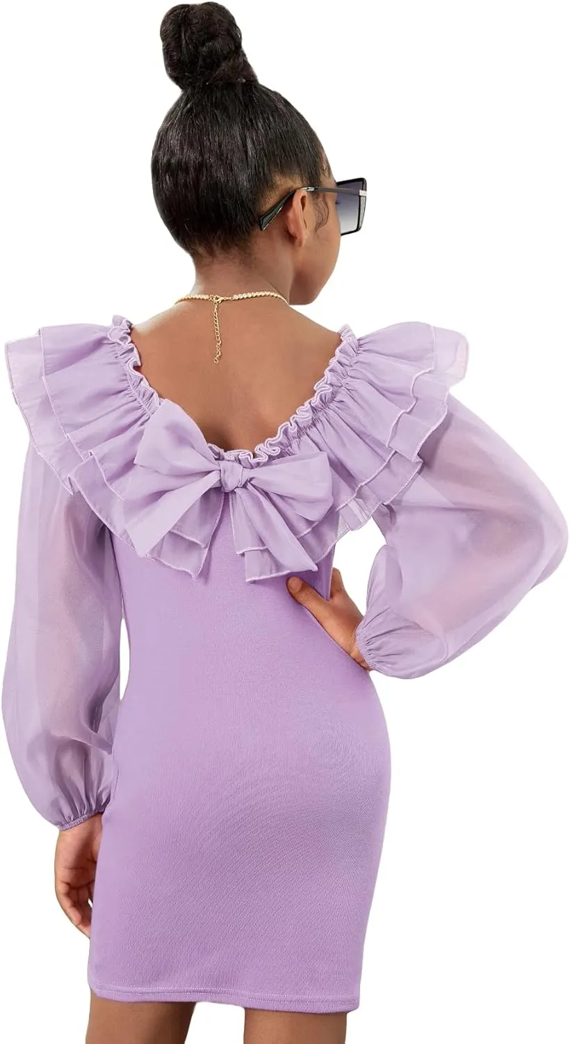WDIRARA Girl's Mesh Ruffle Trim Layered Tie Back Lantern Sleeve Pencil Mini Dress