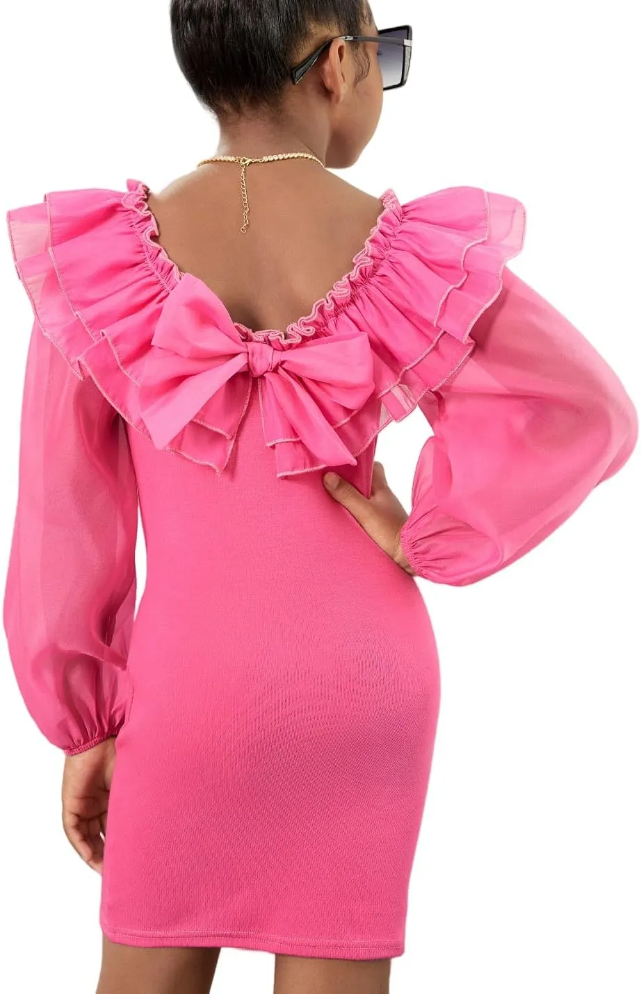 WDIRARA Girl's Mesh Ruffle Trim Layered Tie Back Lantern Sleeve Pencil Mini Dress