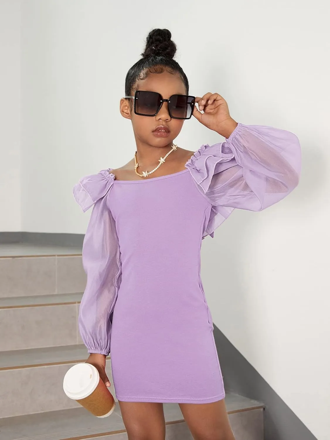 WDIRARA Girl's Mesh Ruffle Trim Layered Tie Back Lantern Sleeve Pencil Mini Dress