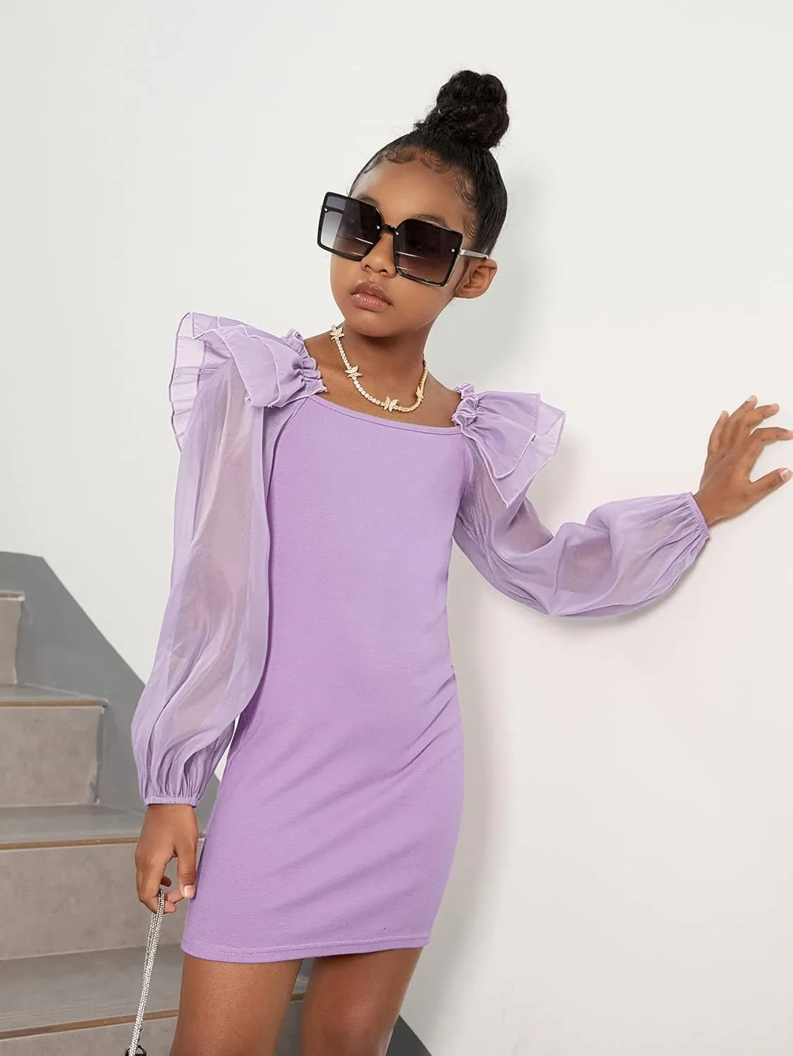 WDIRARA Girl's Mesh Ruffle Trim Layered Tie Back Lantern Sleeve Pencil Mini Dress