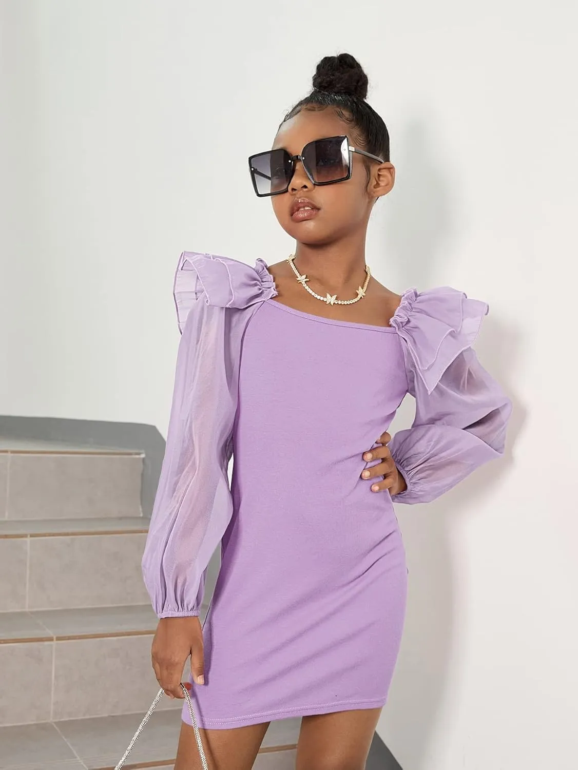 WDIRARA Girl's Mesh Ruffle Trim Layered Tie Back Lantern Sleeve Pencil Mini Dress