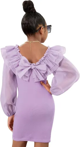 WDIRARA Girl's Mesh Ruffle Trim Layered Tie Back Lantern Sleeve Pencil Mini Dress