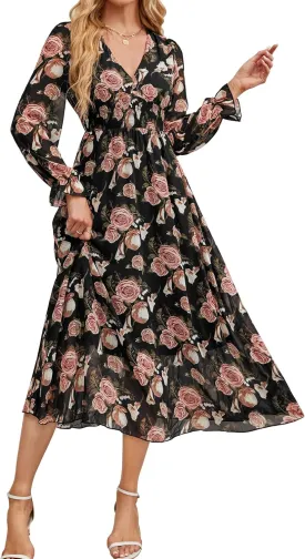 Women's 2025 Floral Summer Maxi Dress, Spring Long Sleeve V-Neck Empire Waist Dress, Flowy Wedding Guest Dresses