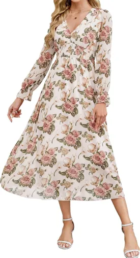 Women's 2025 Floral Summer Maxi Dress, Spring Long Sleeve V-Neck Empire Waist Dress, Flowy Wedding Guest Dresses