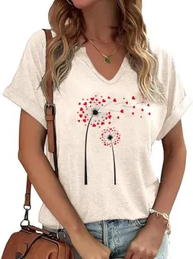 Women's Floral T-Shirts V-Neck Dandelion Sun Flower Graphic Casual Tee Boho Tops Cute Wildflowers Shirts