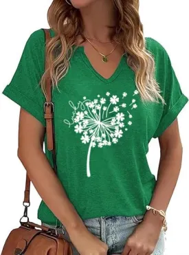 Women's Floral T-Shirts V-Neck Dandelion Sun Flower Graphic Casual Tee Boho Tops Cute Wildflowers Shirts