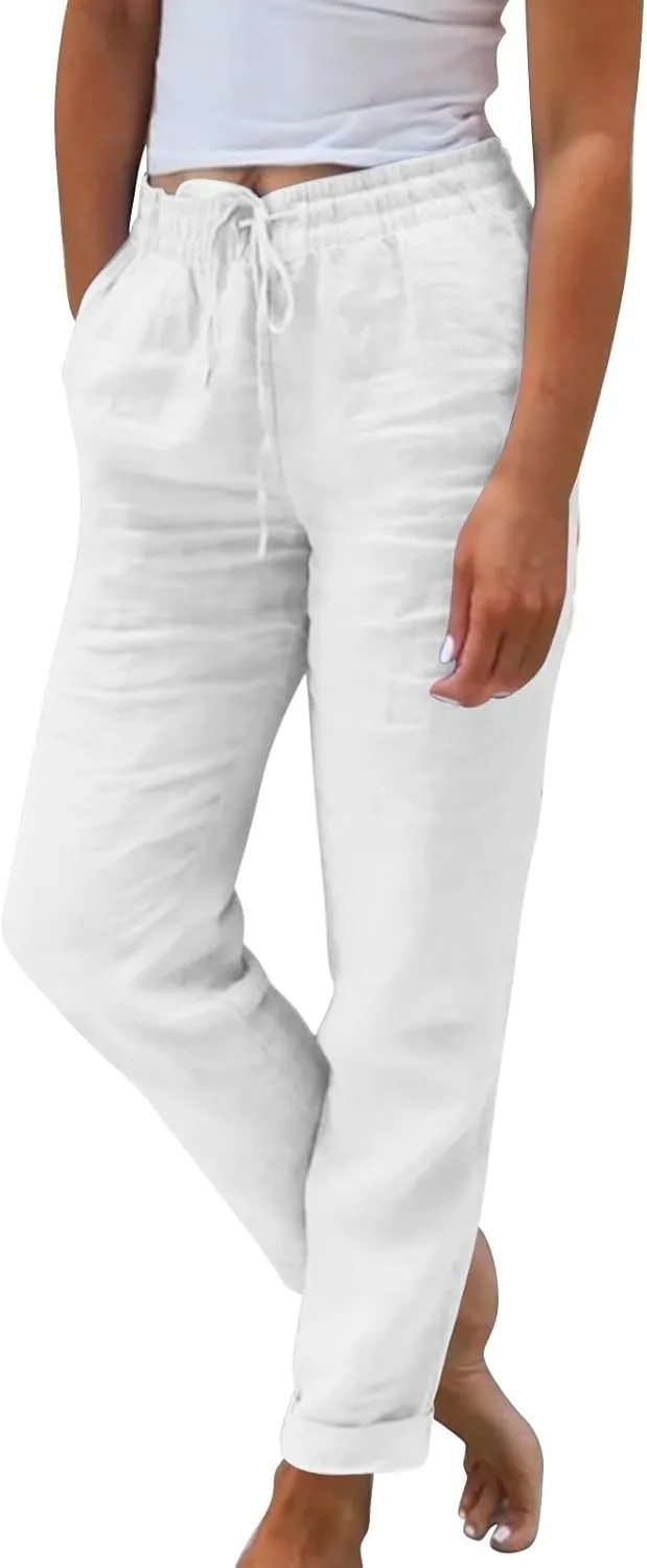 Womens Summer/Fall Casual Pants Straight Leg Drawstring Elastic High Waist Loose Comfy Palazzo Trousers with Pockets