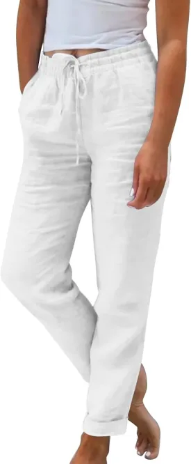 Womens Summer/Fall Casual Pants Straight Leg Drawstring Elastic High Waist Loose Comfy Palazzo Trousers with Pockets