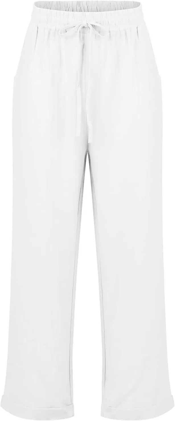 Womens Summer/Fall Casual Pants Straight Leg Drawstring Elastic High Waist Loose Comfy Palazzo Trousers with Pockets