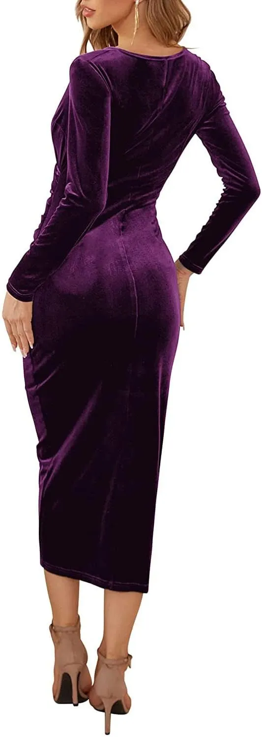 Women's V Neck Wrap Sexy Velvet Long Sleeve Elegant Bodycon Ruched Cocktail Party