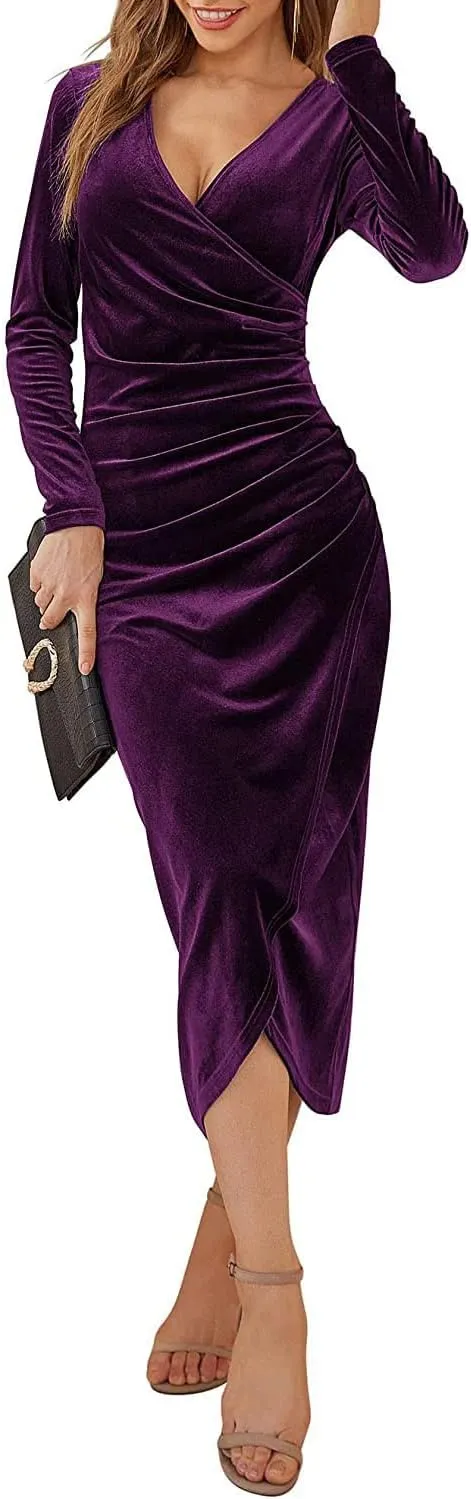 Women's V Neck Wrap Sexy Velvet Long Sleeve Elegant Bodycon Ruched Cocktail Party