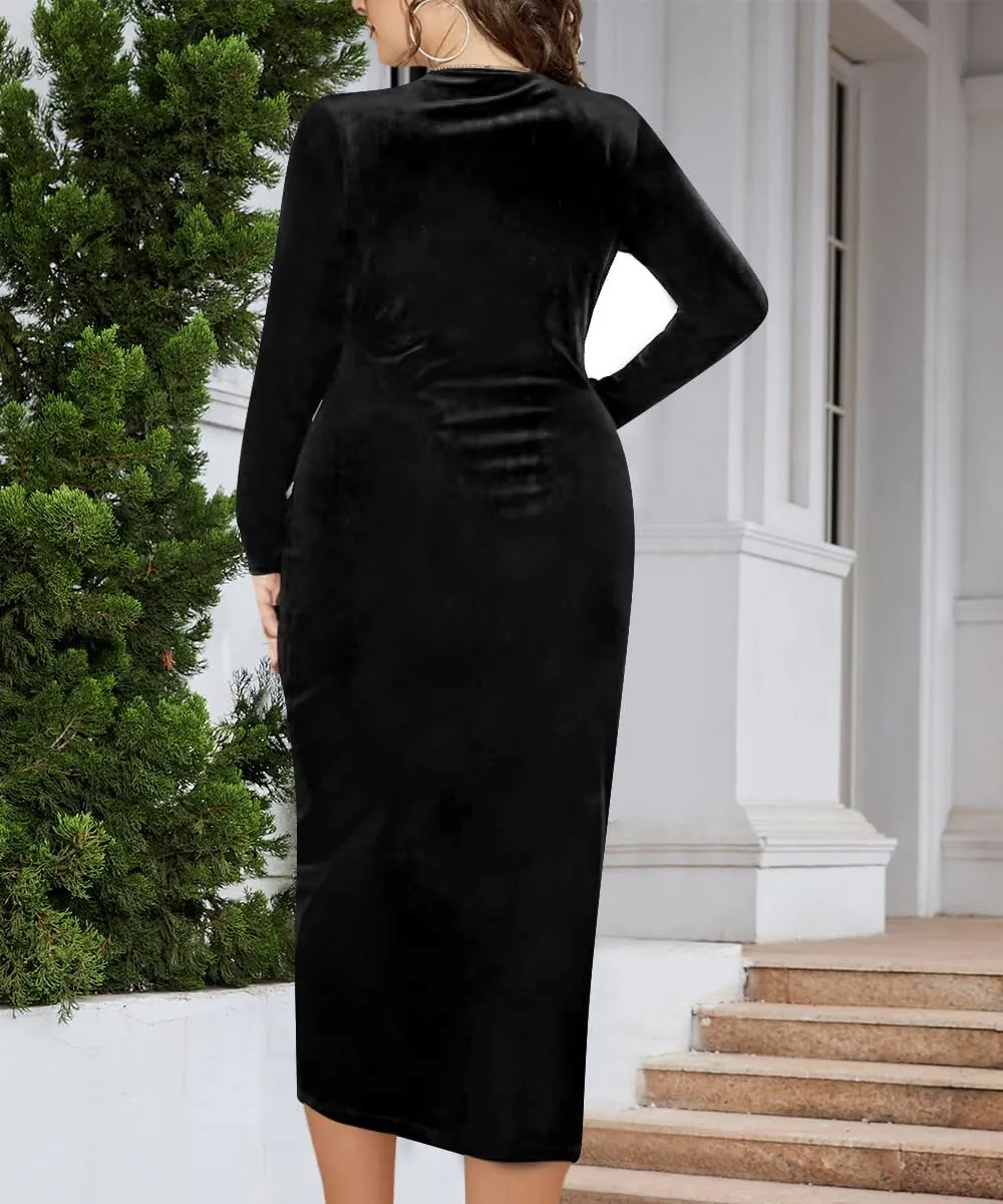 Women's V Neck Wrap Sexy Velvet Long Sleeve Elegant Bodycon Ruched Cocktail Party