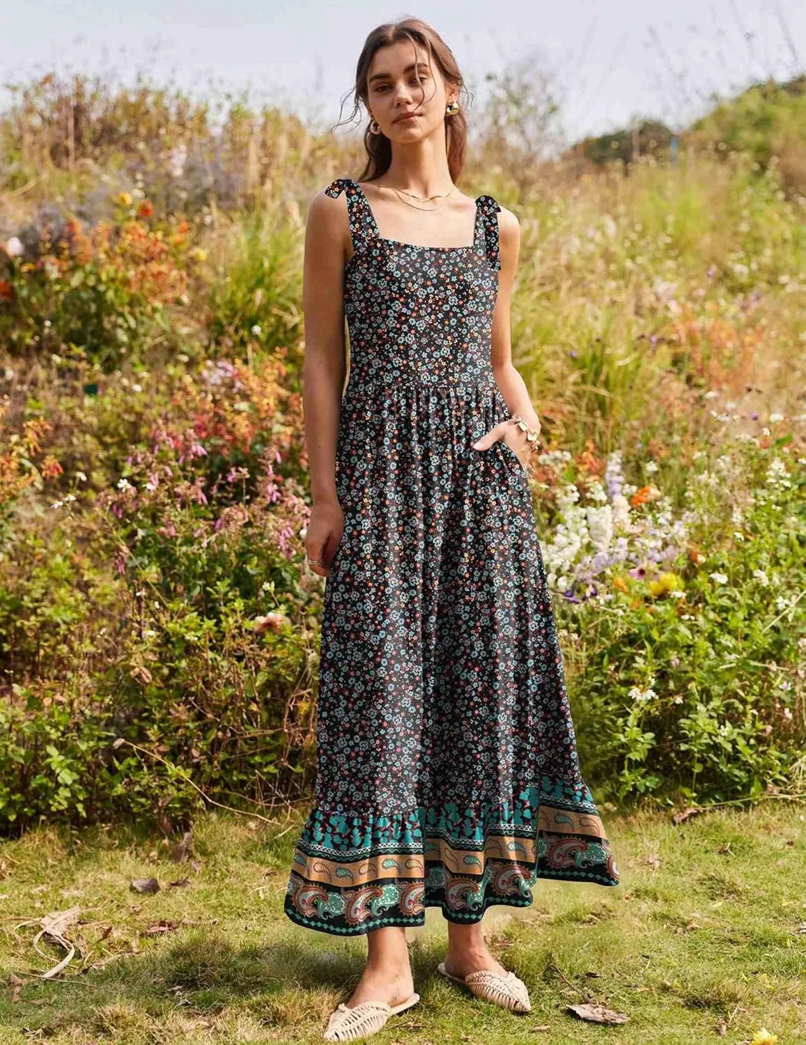 Zeagoo Women Summer Maxi Dress with Pockets 2025 Spaghetti Strap Sundress Casual Flowy Boho Dress Floral Tiered Beach Dress