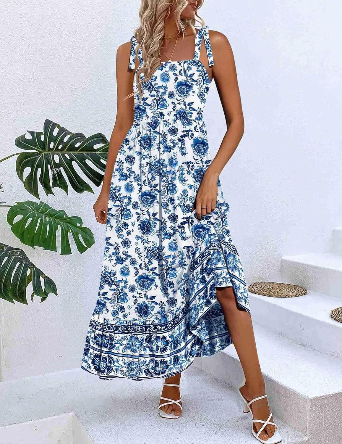 Zeagoo Women Summer Maxi Dress with Pockets 2025 Spaghetti Strap Sundress Casual Flowy Boho Dress Floral Tiered Beach Dress