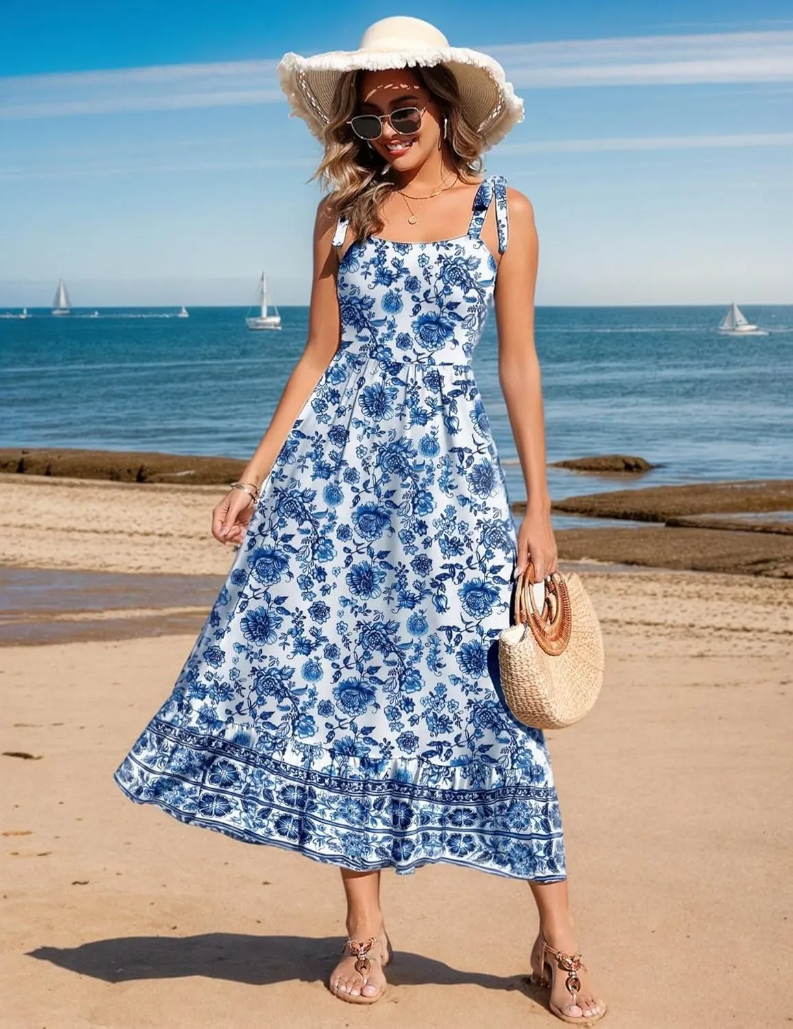 Zeagoo Women Summer Maxi Dress with Pockets 2025 Spaghetti Strap Sundress Casual Flowy Boho Dress Floral Tiered Beach Dress