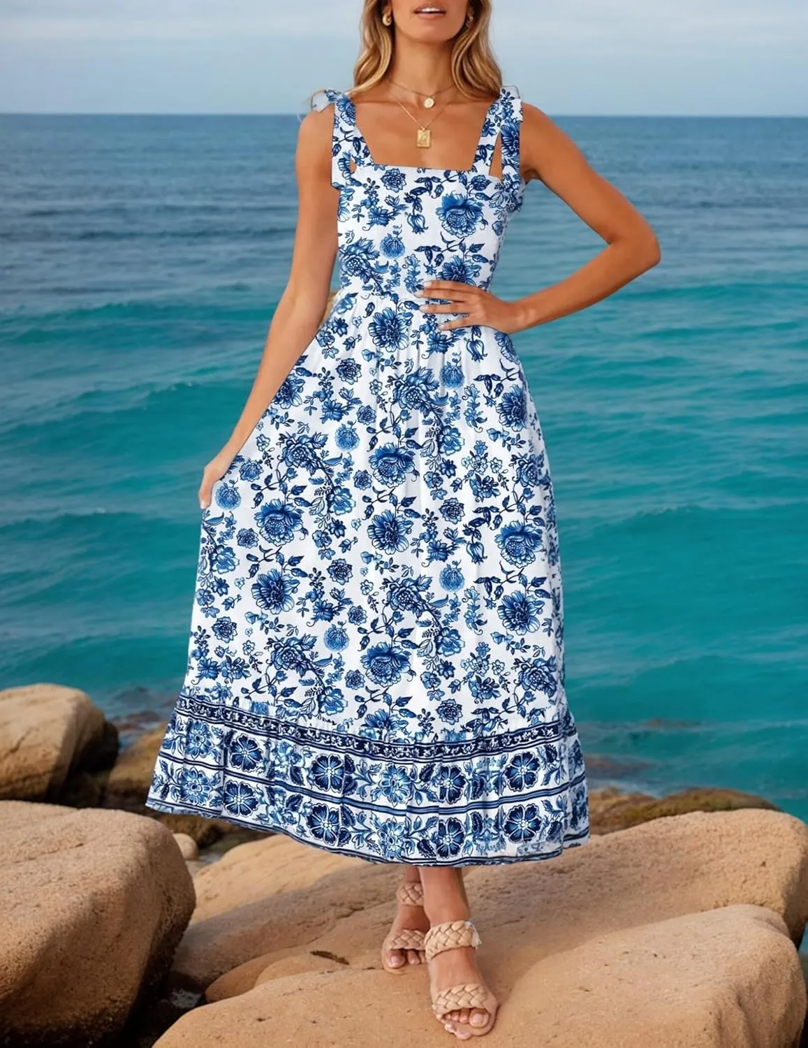 Zeagoo Women Summer Maxi Dress with Pockets 2025 Spaghetti Strap Sundress Casual Flowy Boho Dress Floral Tiered Beach Dress
