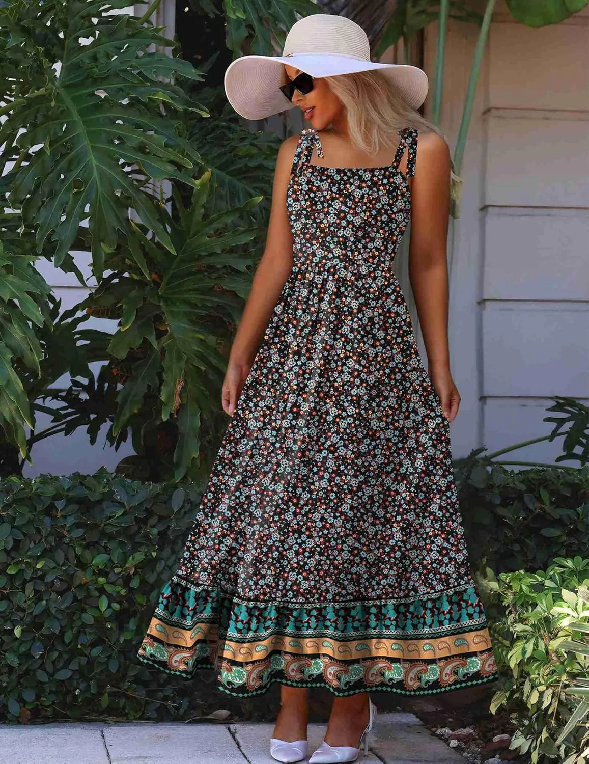 Zeagoo Women Summer Maxi Dress with Pockets 2025 Spaghetti Strap Sundress Casual Flowy Boho Dress Floral Tiered Beach Dress