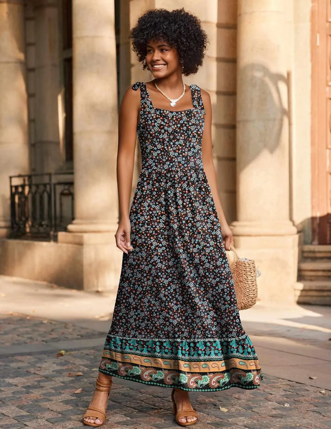 Zeagoo Women Summer Maxi Dress with Pockets 2025 Spaghetti Strap Sundress Casual Flowy Boho Dress Floral Tiered Beach Dress