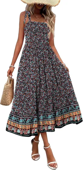 Zeagoo Women Summer Maxi Dress with Pockets 2025 Spaghetti Strap Sundress Casual Flowy Boho Dress Floral Tiered Beach Dress