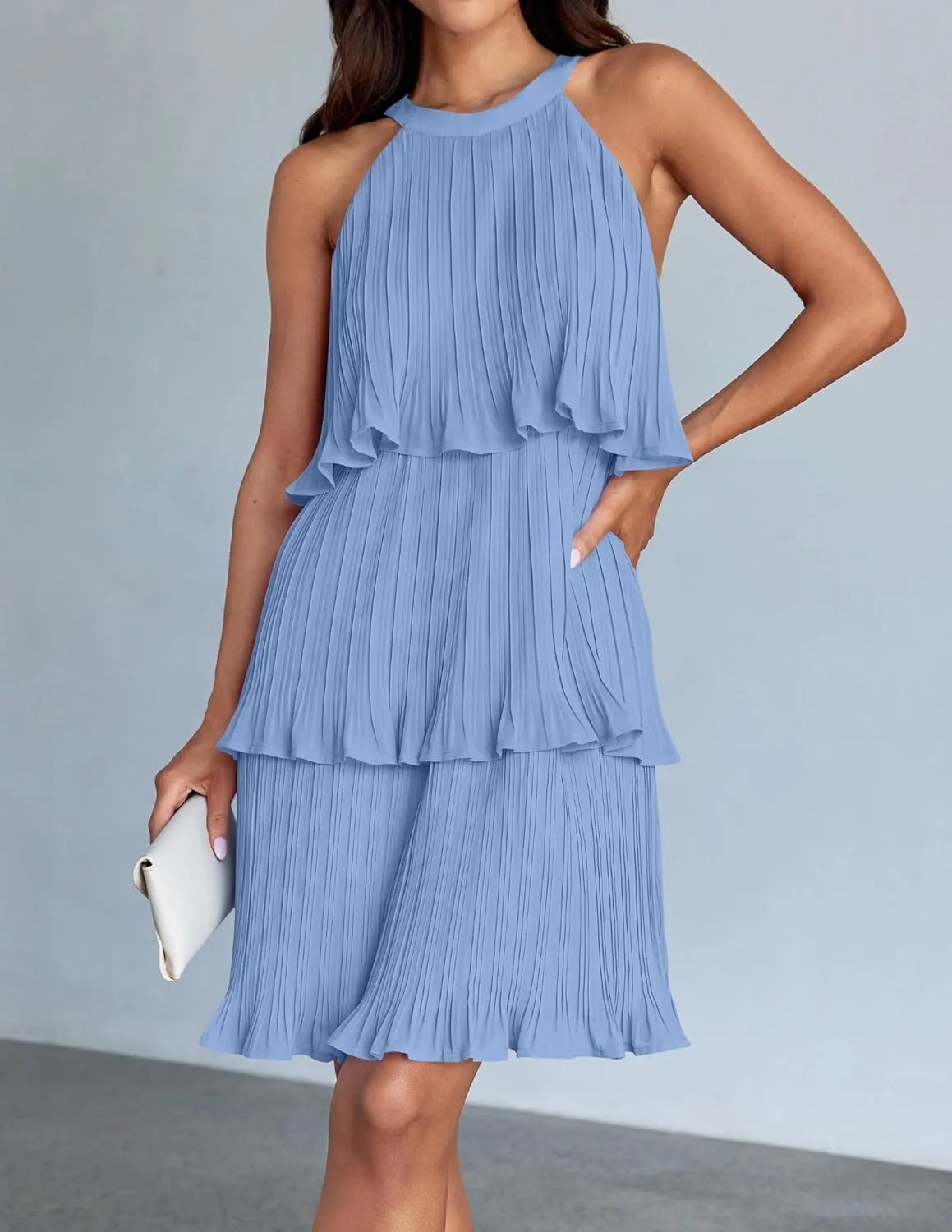 ZESICA Women's 2025 Summer Halter Dresses Sleeveless Ruffle Tiered Layered Chiffon Pleated A Line Swing Mini Dress