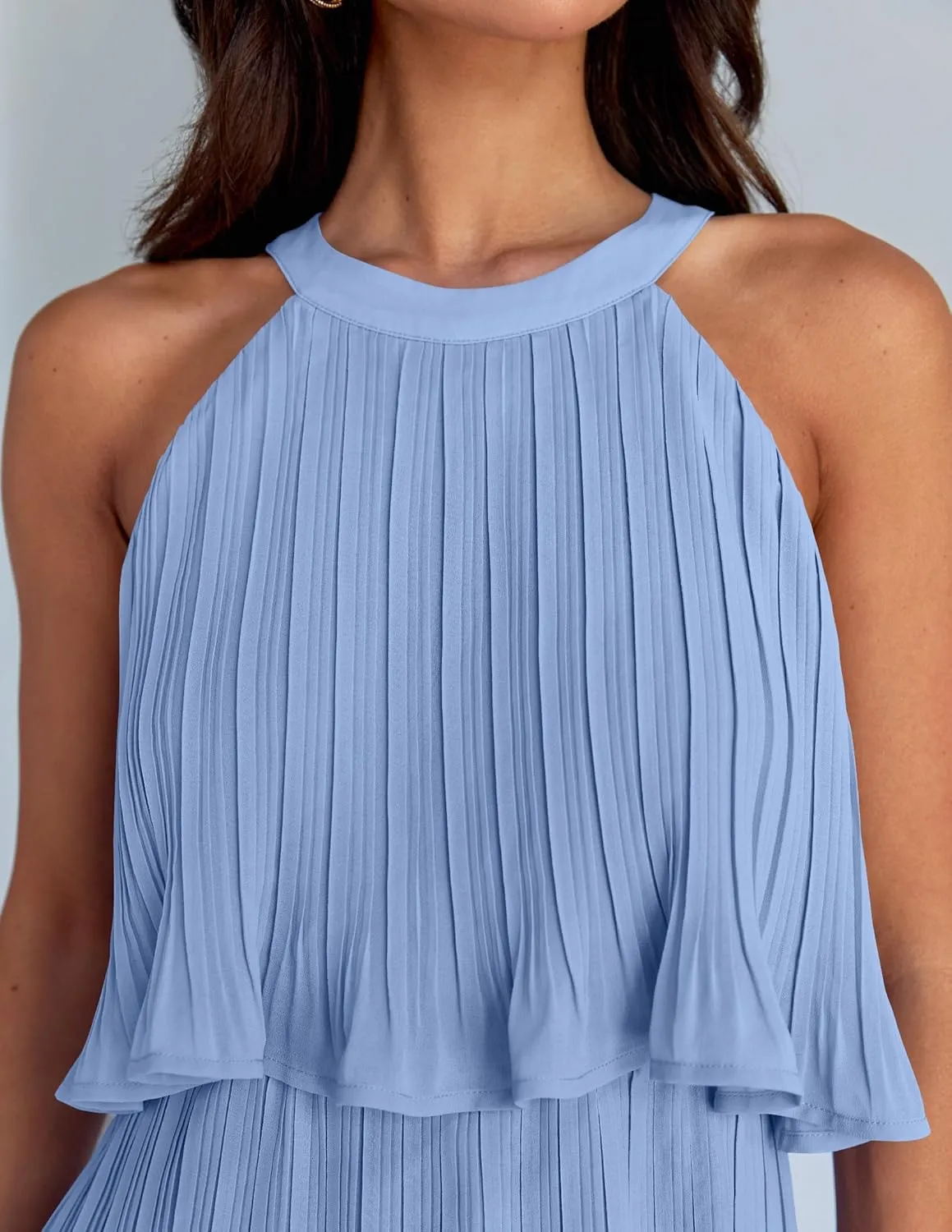 ZESICA Women's 2025 Summer Halter Dresses Sleeveless Ruffle Tiered Layered Chiffon Pleated A Line Swing Mini Dress