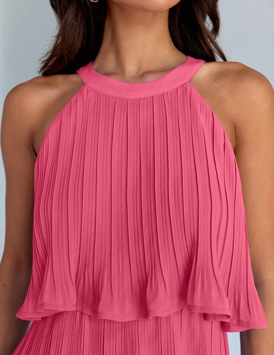 ZESICA Women's 2025 Summer Halter Dresses Sleeveless Ruffle Tiered Layered Chiffon Pleated A Line Swing Mini Dress