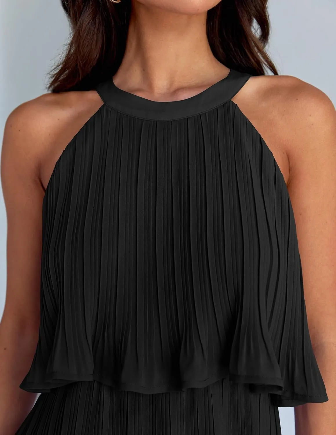 ZESICA Women's 2025 Summer Halter Dresses Sleeveless Ruffle Tiered Layered Chiffon Pleated A Line Swing Mini Dress