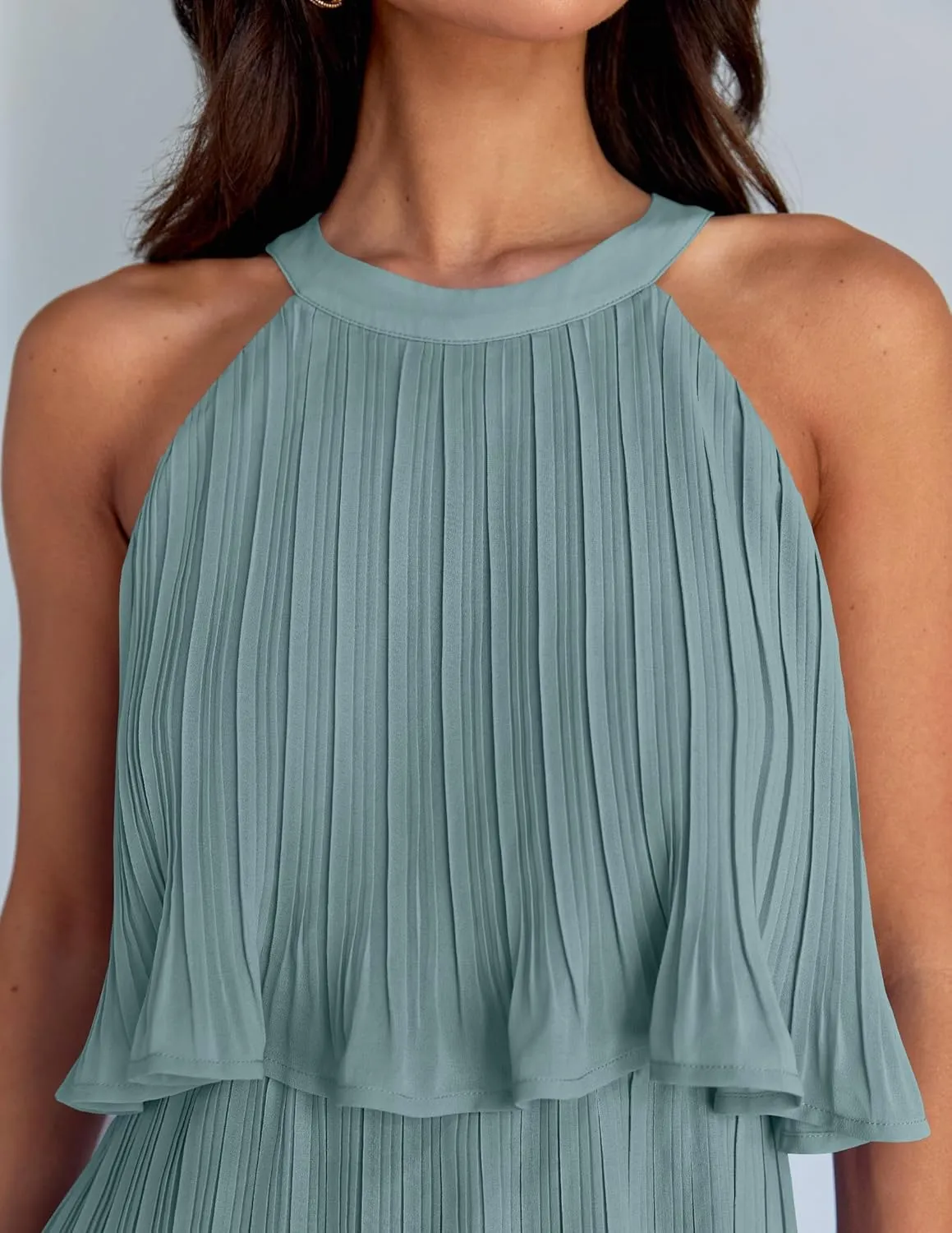 ZESICA Women's 2025 Summer Halter Dresses Sleeveless Ruffle Tiered Layered Chiffon Pleated A Line Swing Mini Dress