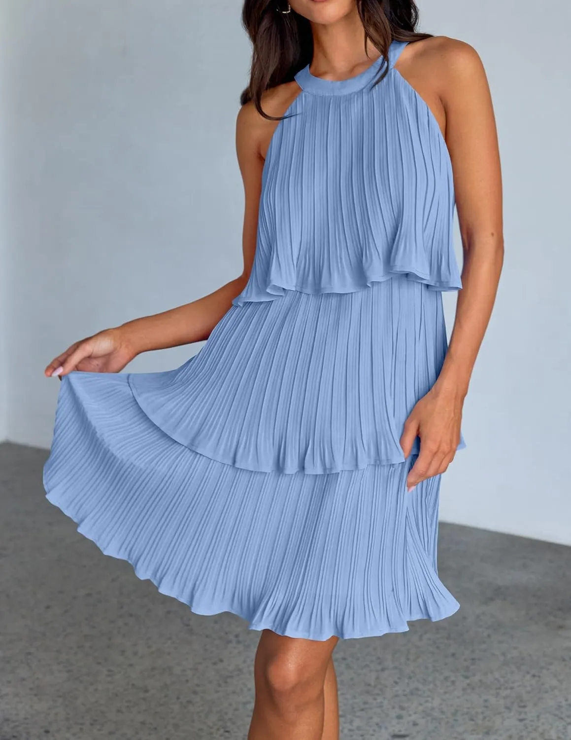ZESICA Women's 2025 Summer Halter Dresses Sleeveless Ruffle Tiered Layered Chiffon Pleated A Line Swing Mini Dress