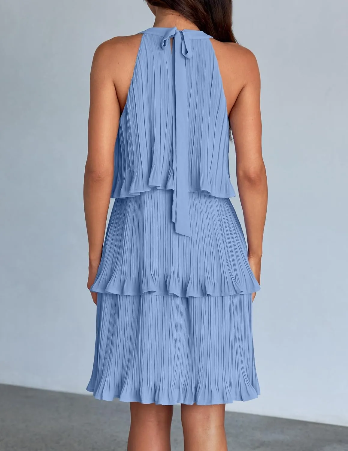 ZESICA Women's 2025 Summer Halter Dresses Sleeveless Ruffle Tiered Layered Chiffon Pleated A Line Swing Mini Dress