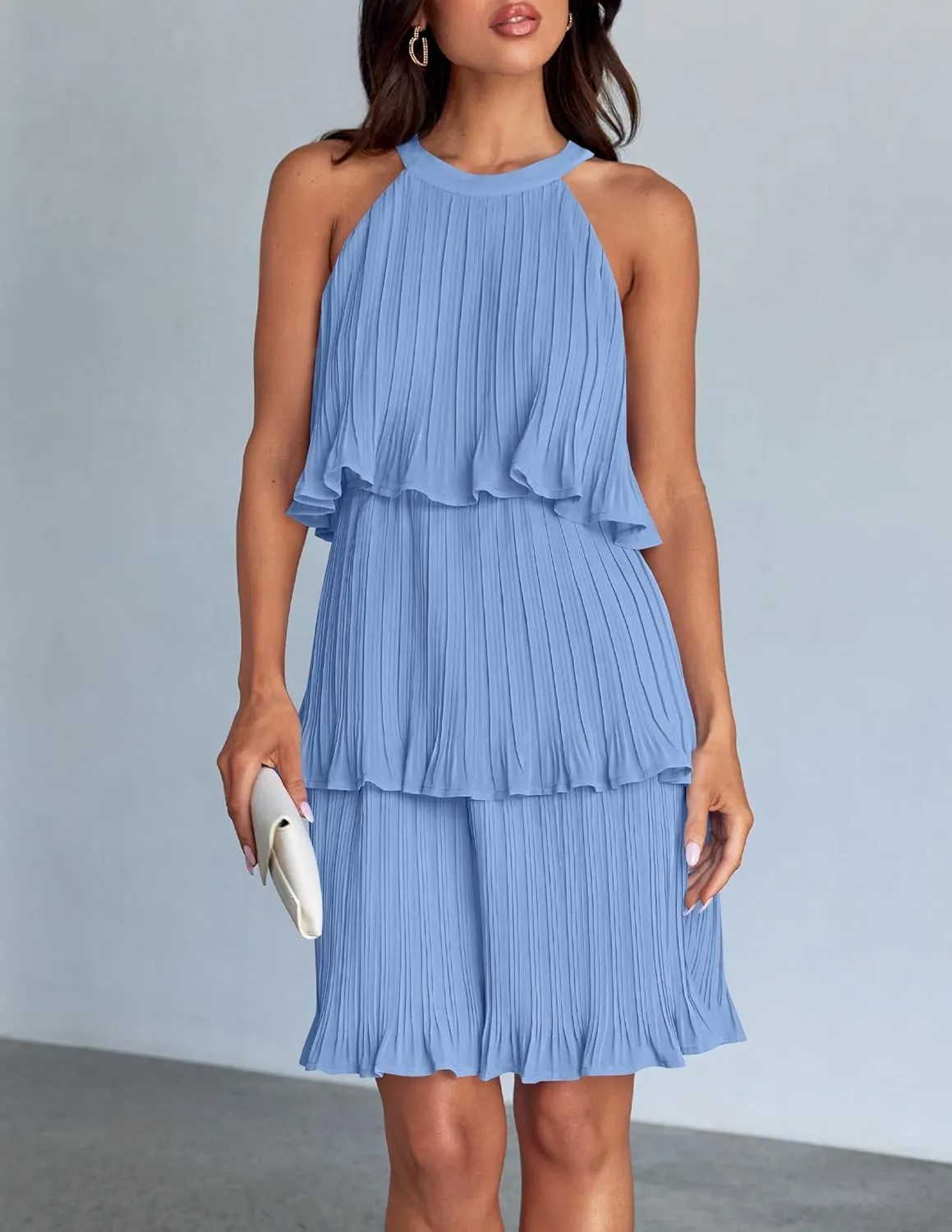 ZESICA Women's 2025 Summer Halter Dresses Sleeveless Ruffle Tiered Layered Chiffon Pleated A Line Swing Mini Dress