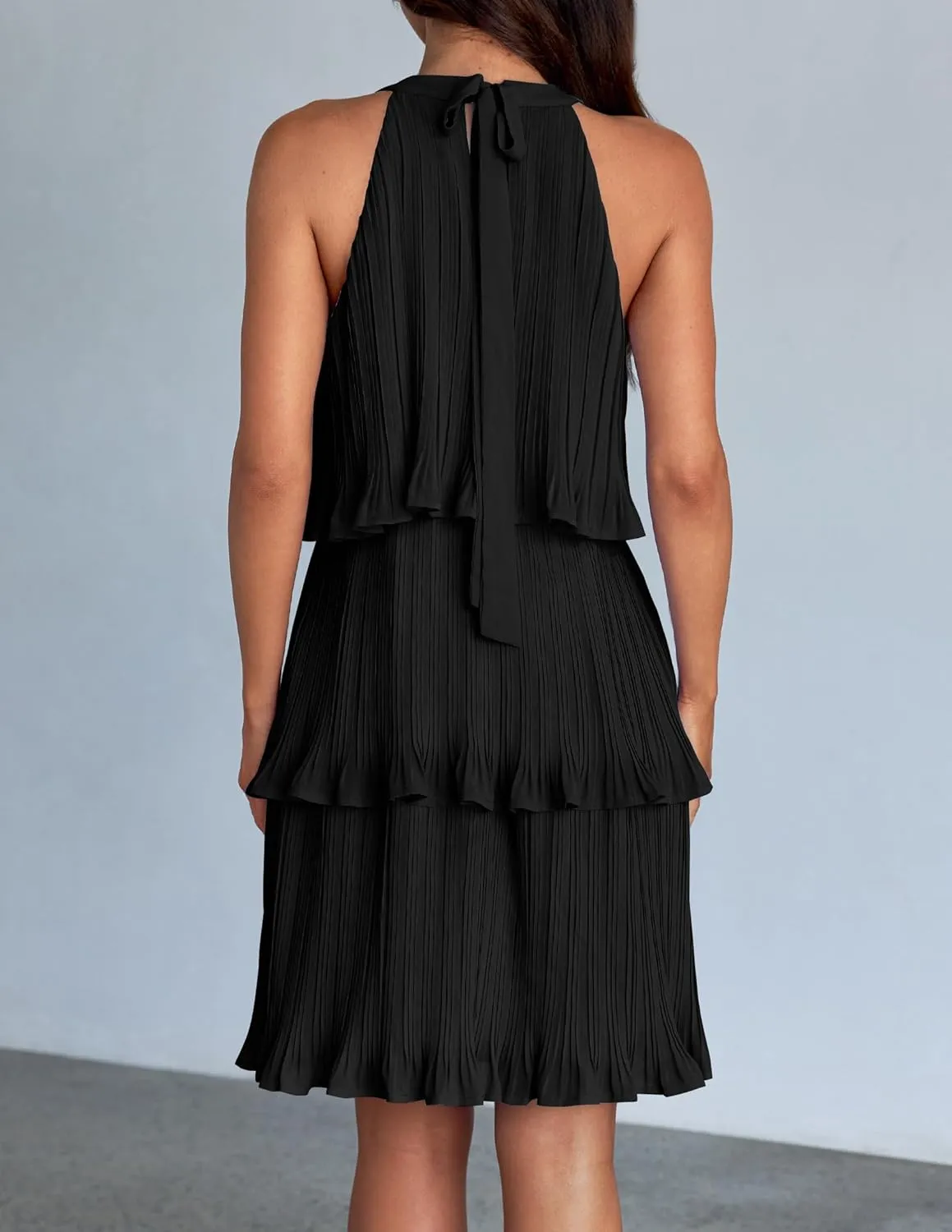ZESICA Women's 2025 Summer Halter Dresses Sleeveless Ruffle Tiered Layered Chiffon Pleated A Line Swing Mini Dress