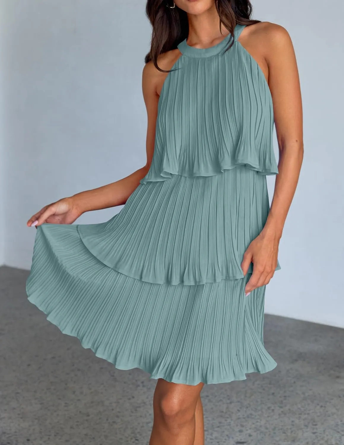 ZESICA Women's 2025 Summer Halter Dresses Sleeveless Ruffle Tiered Layered Chiffon Pleated A Line Swing Mini Dress