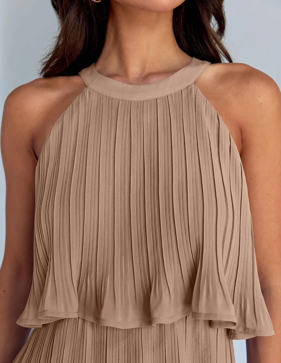 ZESICA Women's 2025 Summer Halter Dresses Sleeveless Ruffle Tiered Layered Chiffon Pleated A Line Swing Mini Dress
