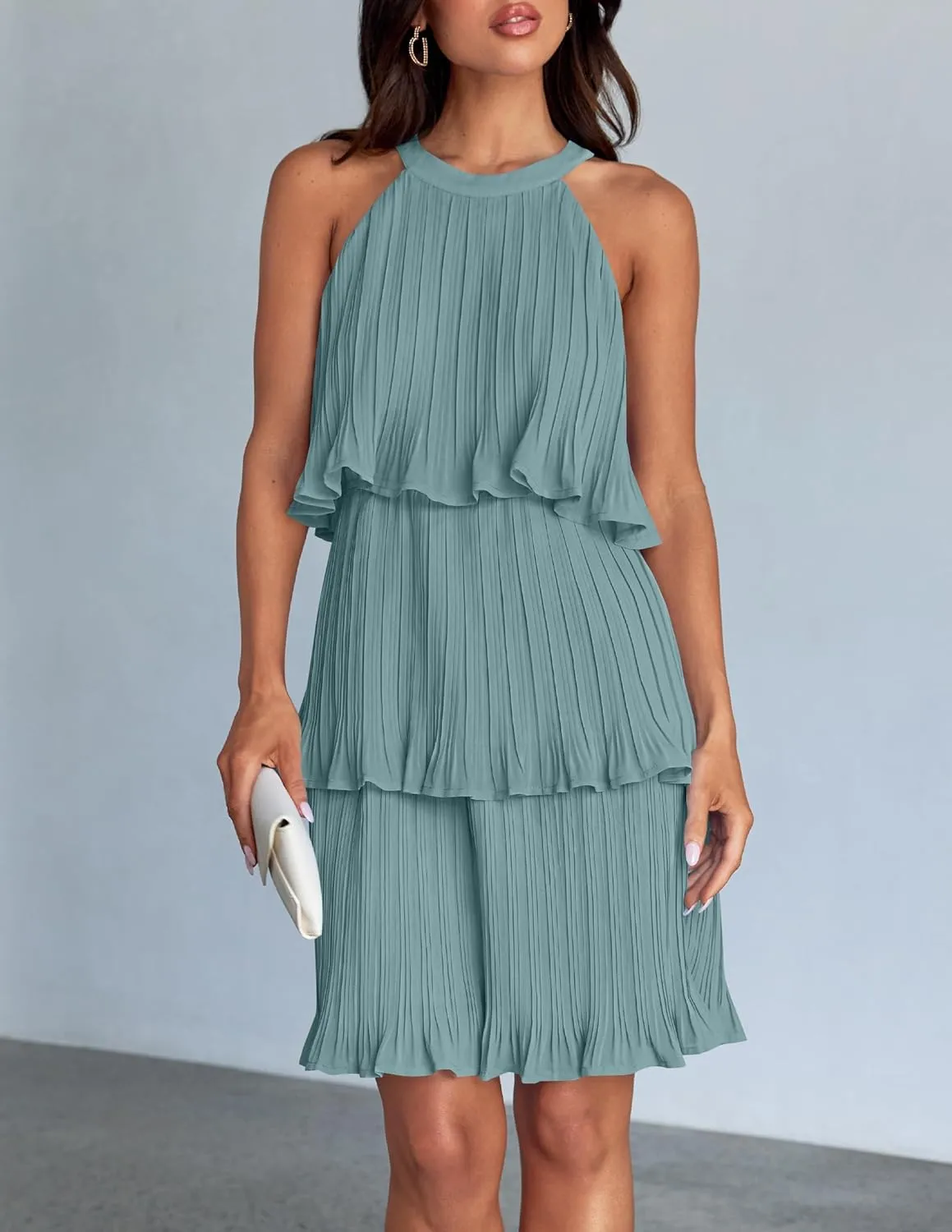 ZESICA Women's 2025 Summer Halter Dresses Sleeveless Ruffle Tiered Layered Chiffon Pleated A Line Swing Mini Dress
