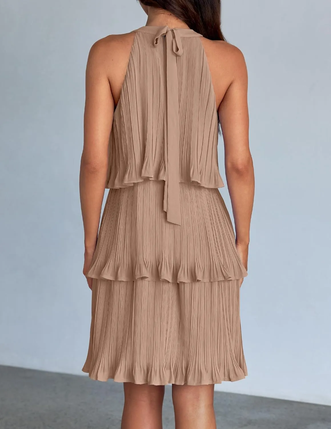 ZESICA Women's 2025 Summer Halter Dresses Sleeveless Ruffle Tiered Layered Chiffon Pleated A Line Swing Mini Dress