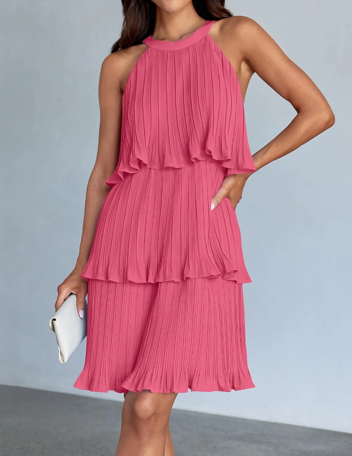 ZESICA Women's 2025 Summer Halter Dresses Sleeveless Ruffle Tiered Layered Chiffon Pleated A Line Swing Mini Dress