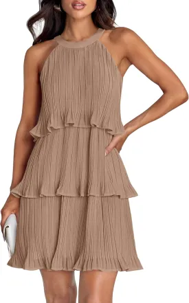 ZESICA Women's 2025 Summer Halter Dresses Sleeveless Ruffle Tiered Layered Chiffon Pleated A Line Swing Mini Dress