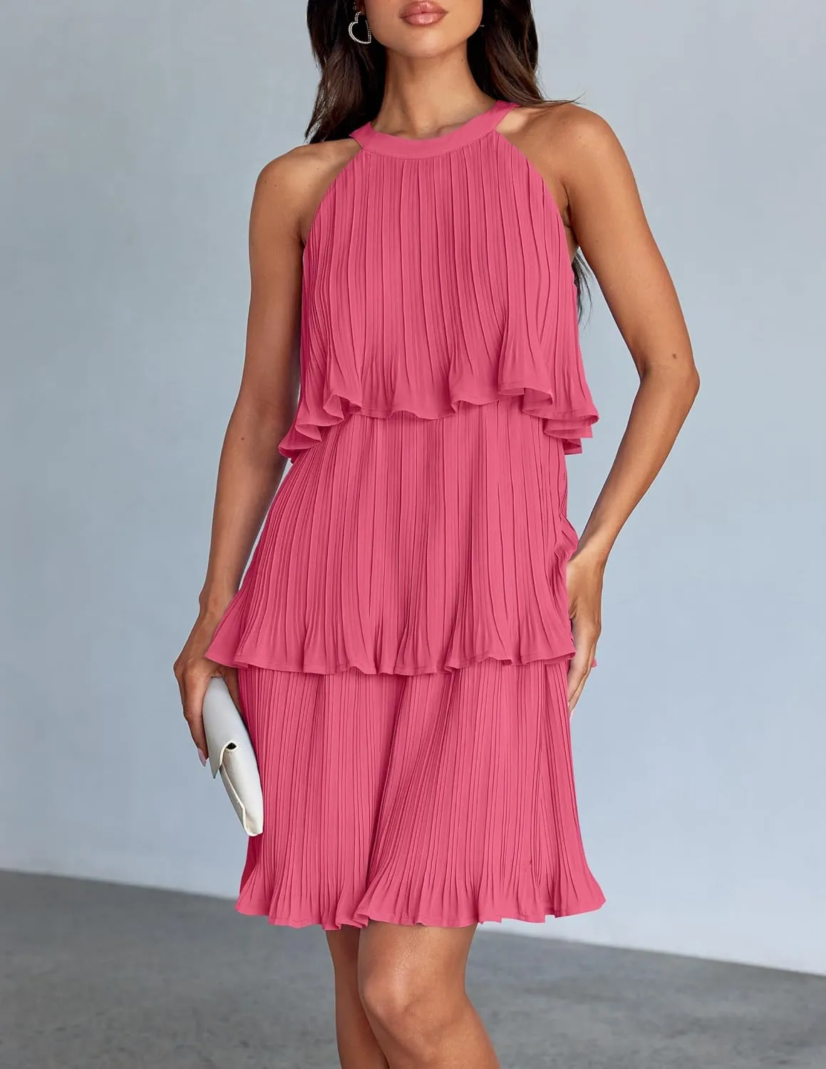 ZESICA Women's 2025 Summer Halter Dresses Sleeveless Ruffle Tiered Layered Chiffon Pleated A Line Swing Mini Dress