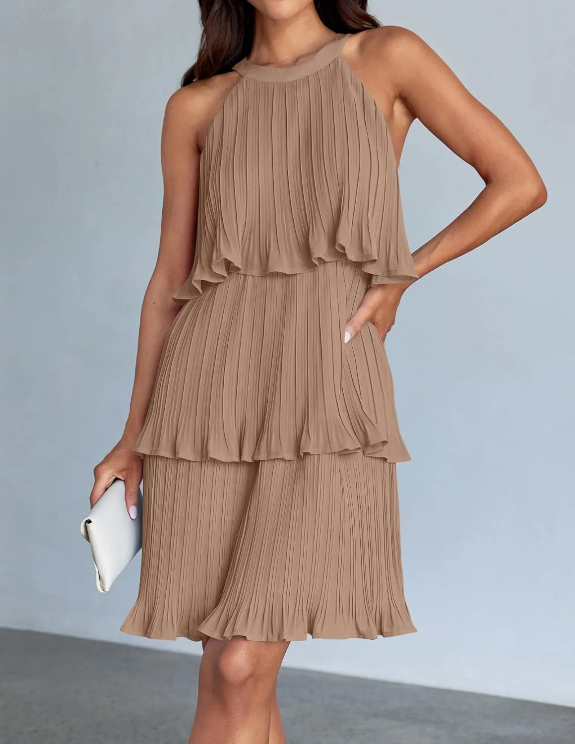 ZESICA Women's 2025 Summer Halter Dresses Sleeveless Ruffle Tiered Layered Chiffon Pleated A Line Swing Mini Dress