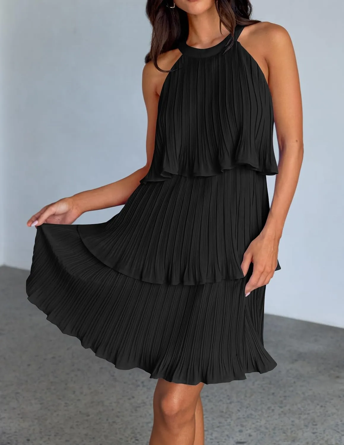 ZESICA Women's 2025 Summer Halter Dresses Sleeveless Ruffle Tiered Layered Chiffon Pleated A Line Swing Mini Dress