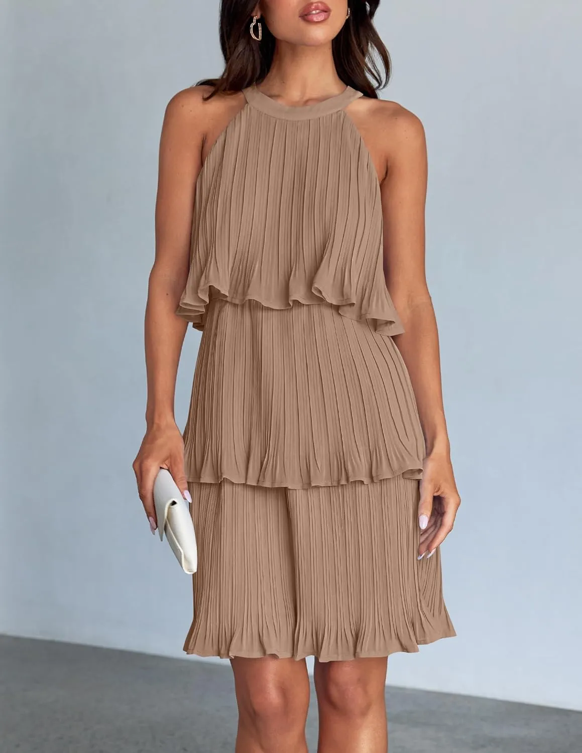 ZESICA Women's 2025 Summer Halter Dresses Sleeveless Ruffle Tiered Layered Chiffon Pleated A Line Swing Mini Dress