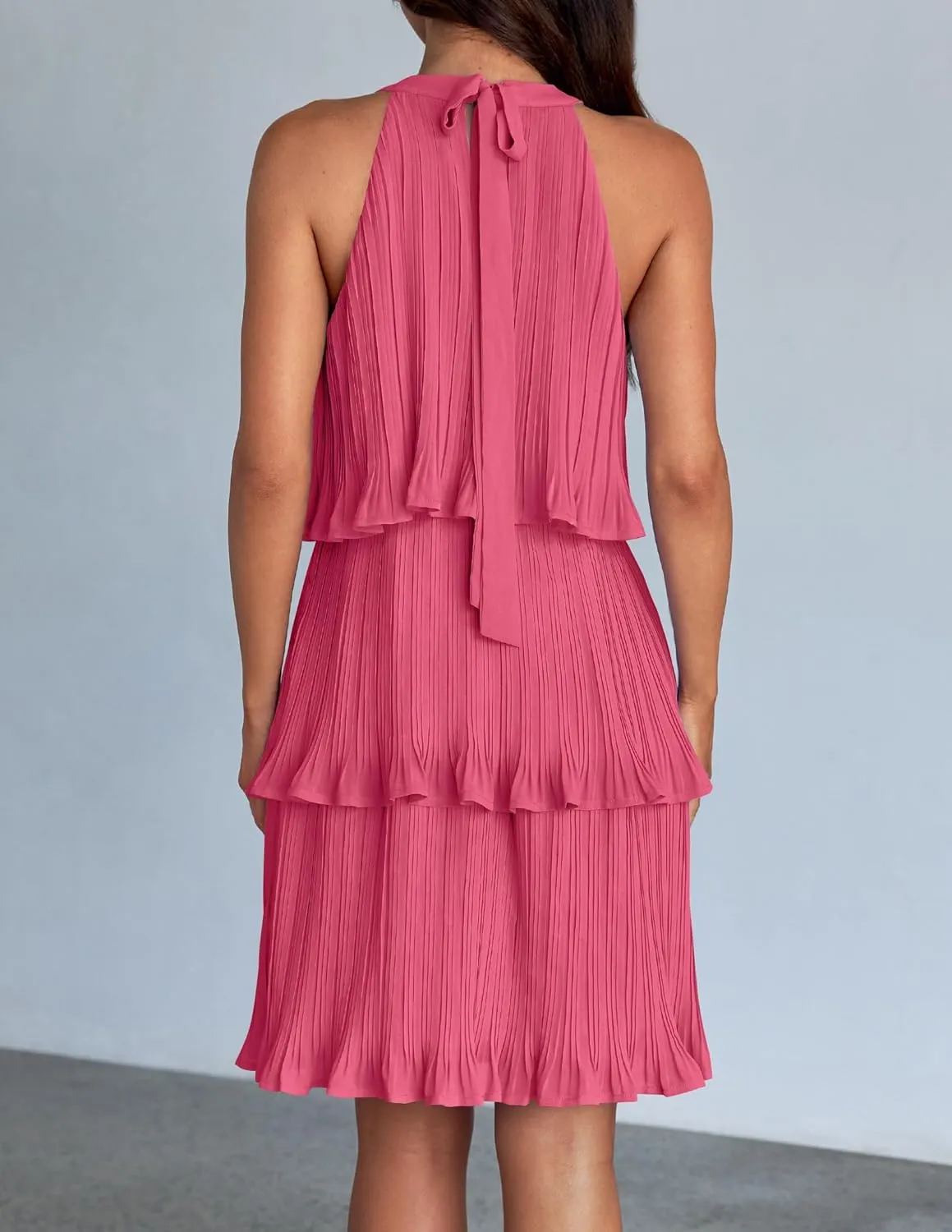 ZESICA Women's 2025 Summer Halter Dresses Sleeveless Ruffle Tiered Layered Chiffon Pleated A Line Swing Mini Dress