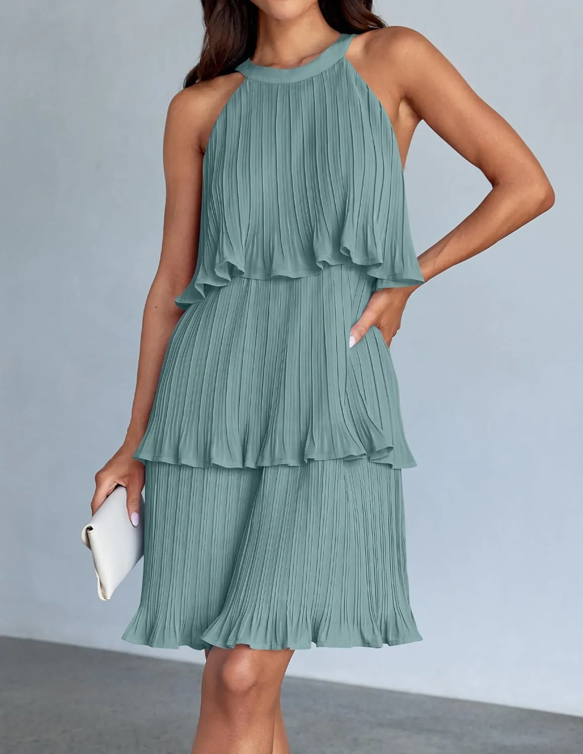 ZESICA Women's 2025 Summer Halter Dresses Sleeveless Ruffle Tiered Layered Chiffon Pleated A Line Swing Mini Dress