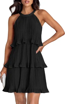 ZESICA Women's 2025 Summer Halter Dresses Sleeveless Ruffle Tiered Layered Chiffon Pleated A Line Swing Mini Dress