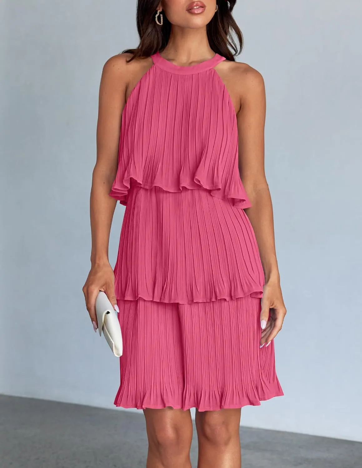 ZESICA Women's 2025 Summer Halter Dresses Sleeveless Ruffle Tiered Layered Chiffon Pleated A Line Swing Mini Dress