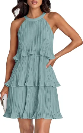 ZESICA Women's 2025 Summer Halter Dresses Sleeveless Ruffle Tiered Layered Chiffon Pleated A Line Swing Mini Dress