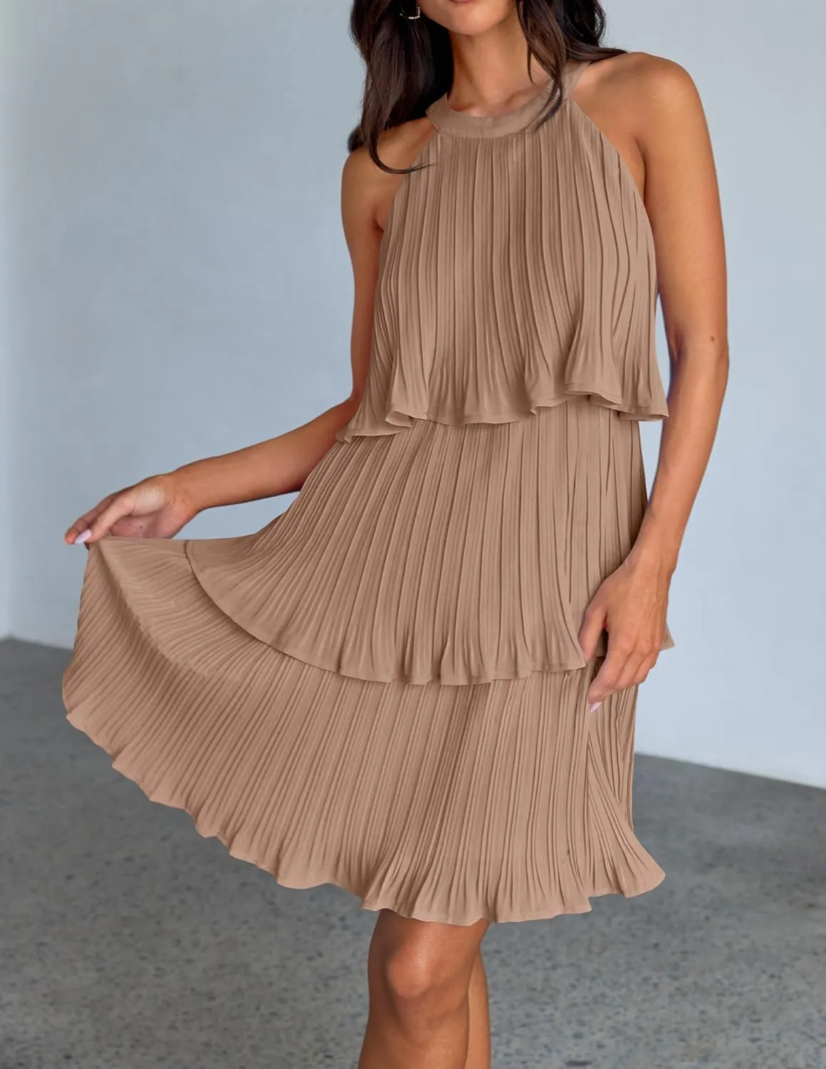 ZESICA Women's 2025 Summer Halter Dresses Sleeveless Ruffle Tiered Layered Chiffon Pleated A Line Swing Mini Dress