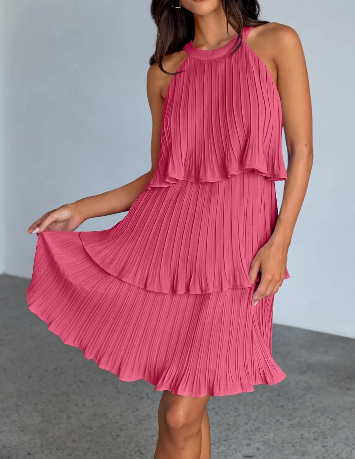 ZESICA Women's 2025 Summer Halter Dresses Sleeveless Ruffle Tiered Layered Chiffon Pleated A Line Swing Mini Dress