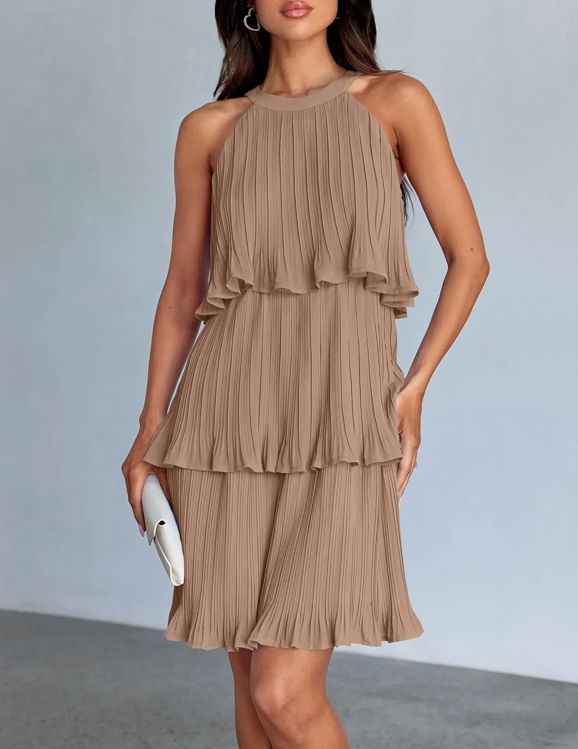 ZESICA Women's 2025 Summer Halter Dresses Sleeveless Ruffle Tiered Layered Chiffon Pleated A Line Swing Mini Dress
